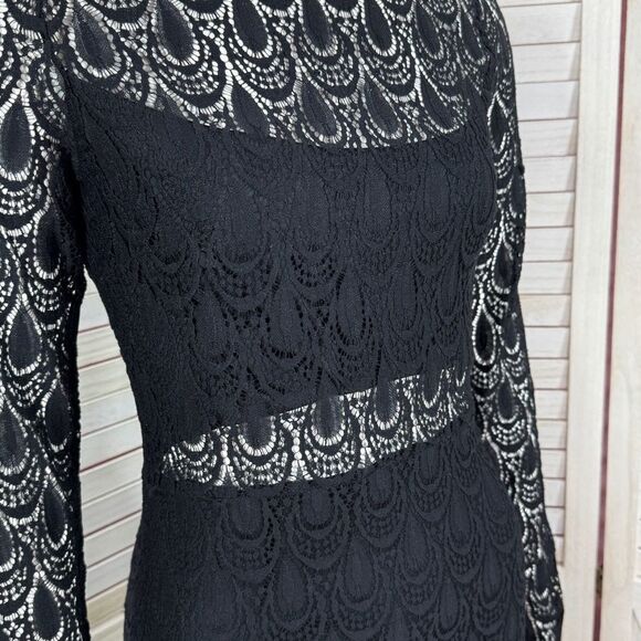 Bebe Lace Overlay Bandeau Pencil Dress Sheer Back Long Sleeve Black Medium - Picture 5 of 13